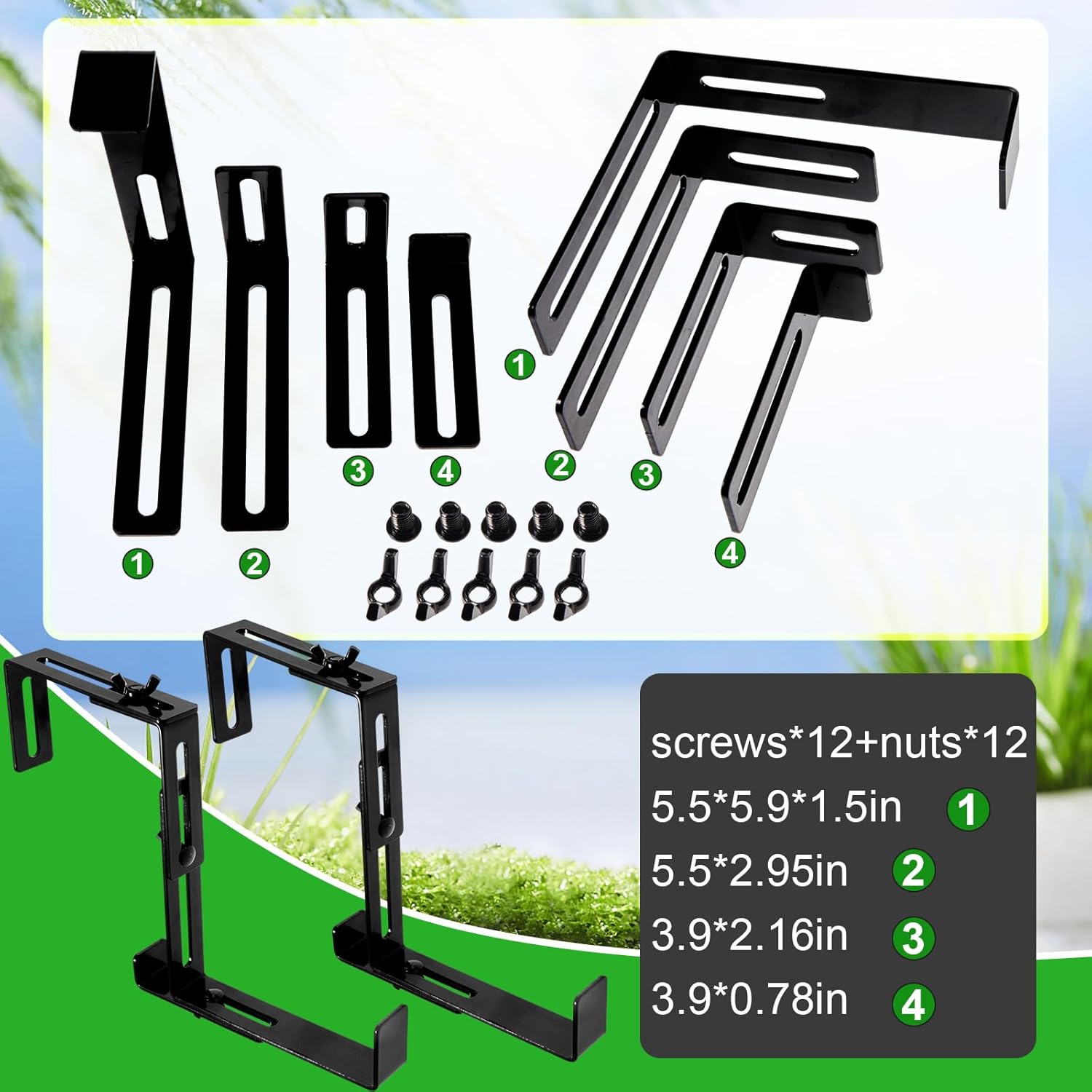 Leinuosen 12 Pcs Adjustable Window Boxes Brackets Planter Box Bracket Heavy Duty Deck Railing Hanging Flower Stand for Windowsill Garden Fence Balcony (Black)