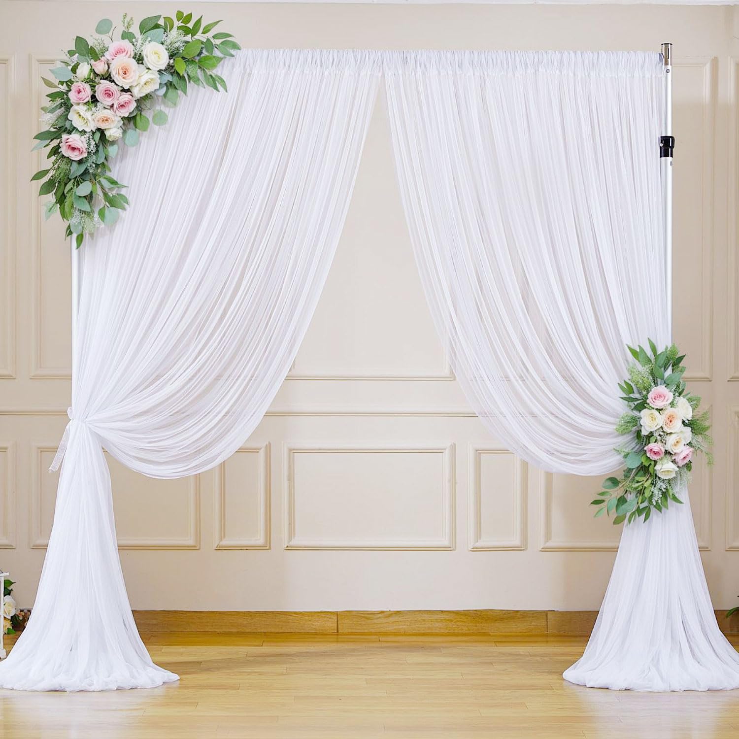 4 Piezas Cortinaje para Arco de Boda 75x800cm Tul Blanco Cortina Transparente Tejido Chiffon Decoracion Boda Fondo Nupcial Decoración para Fiestas Banquetes y Escenario