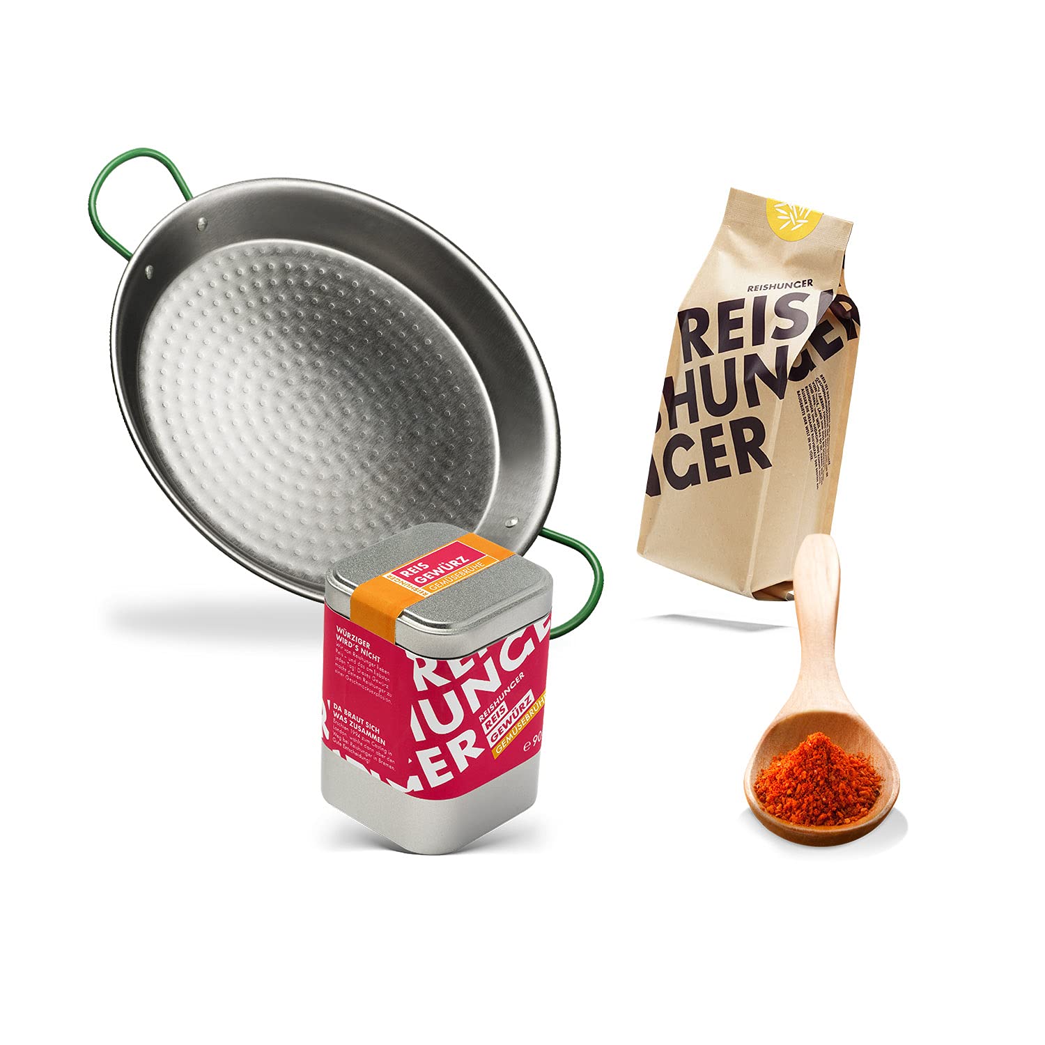 REISHUNGER Paella Pfannen Set (4 Personen) mit Pfanne (Paellera), originalem Paella Reis, Paella Reis Gewürz und Gemüsebrühe - Auch für 8 und 16 Personen verfügbar - Ideal als Geschenk