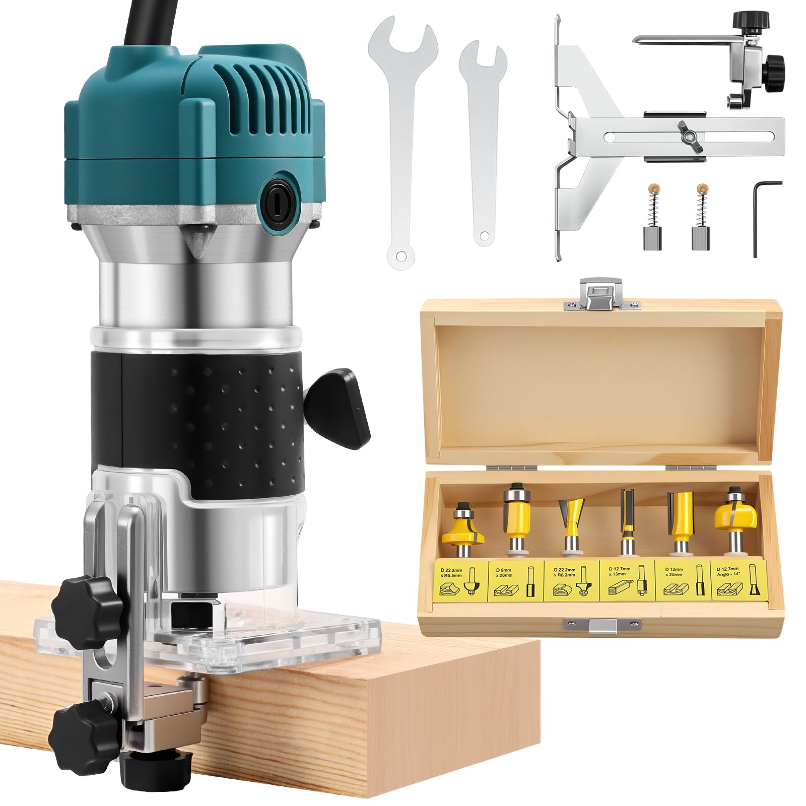 Fresadora de Madera Rebajadora Eléctrica 800W 30000 RPM, Control de Velocidad, Carcasa de aluminio, Fresadora de Mano con 6 piezas Juego de Fresas de Carburo de 6,35 mm