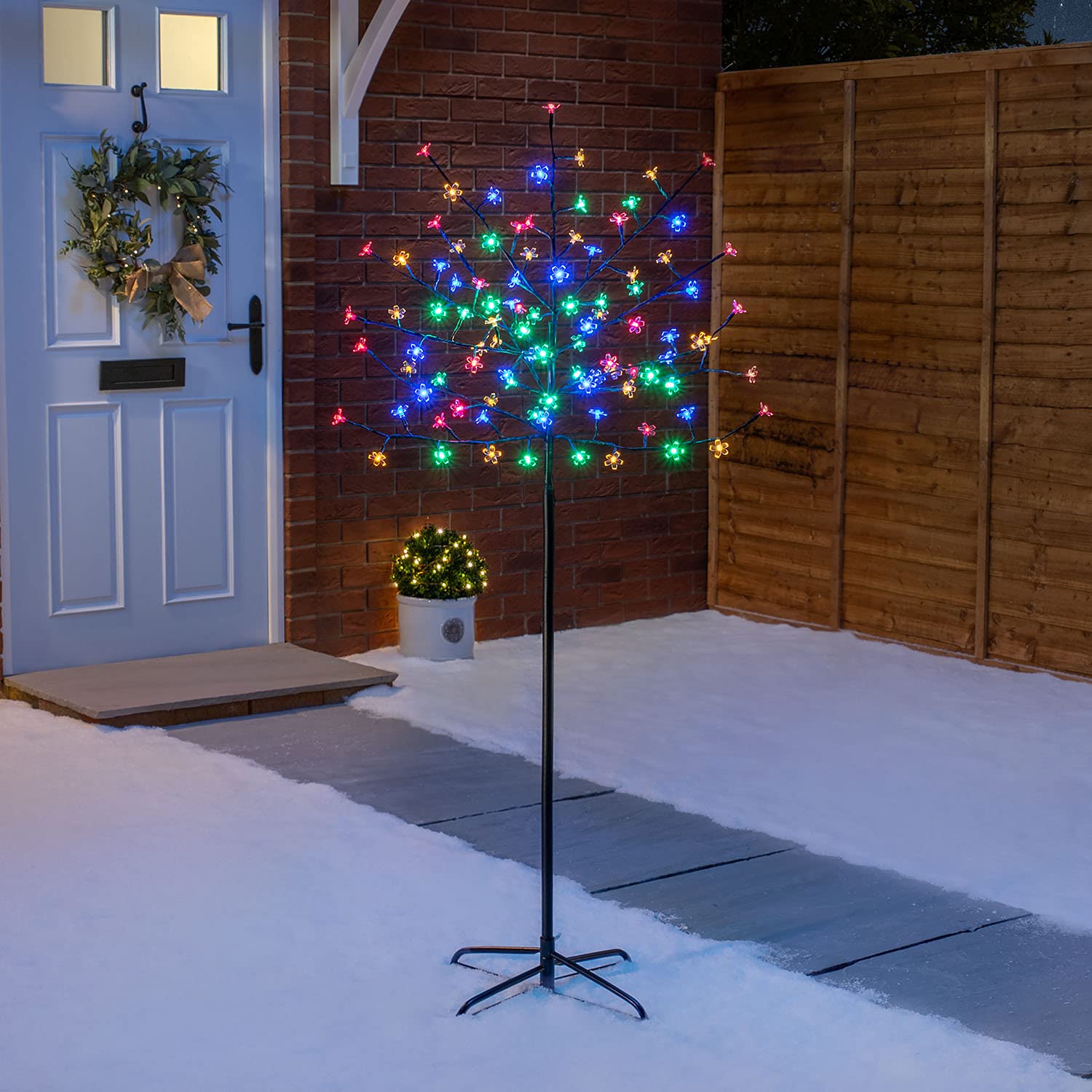 Christow Cherry Blossom Tree 96 LED Light Up Indoor Outdoor Christmas Decoration with Stand 150cm / 5ft (Multi Coloured)