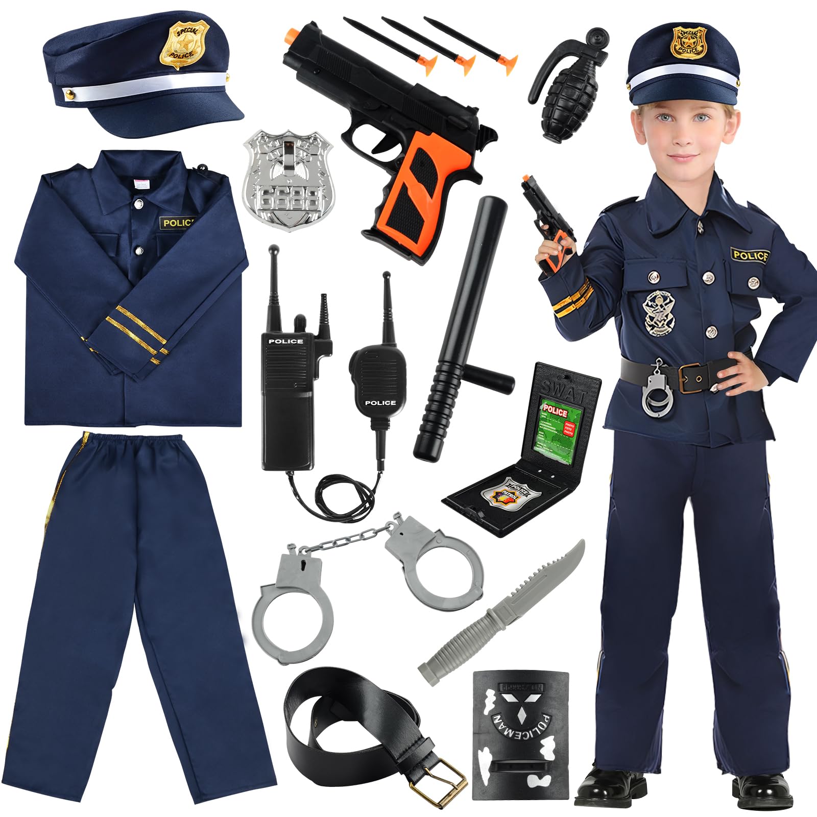 Disfraz Policia Niño, Disfraz de Policia Niño Disfraz Halloween Niño,con Police Costume Policía Placa Esposas Walkie Talkie Juguete Bastón,para Disfraces Niño Niños Halloween Carnaval Juego Rol