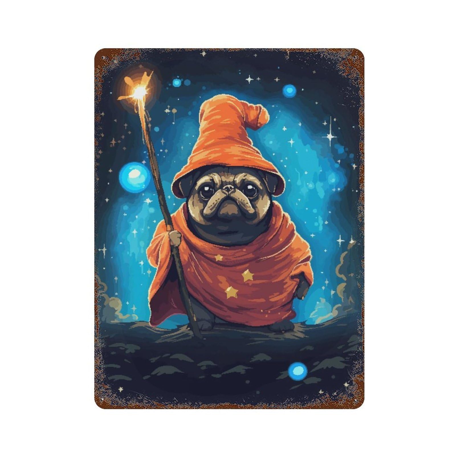 Cute Pug Wizard Pixel Art Vintage Rust Metal Sign 15.7"x11.8", Classic Wall Plaque for Basement, Hobby Room And Garage Decor