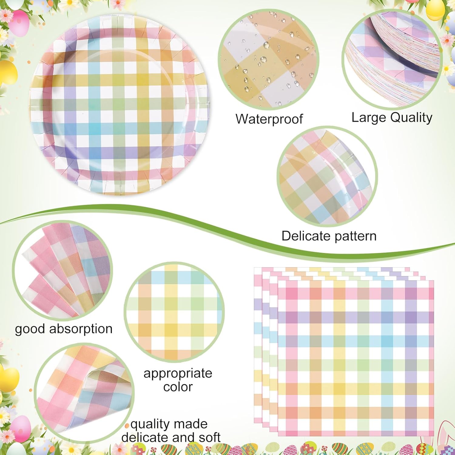 452 Pcs Pastel Easter Party Decoration for 50, Spring Easter Paper Plates Napkins Cups Tablecloth Cutlery Straws Rainbow Pastel Gingham Plaid Tableware for Spring Birthday Party Supplies