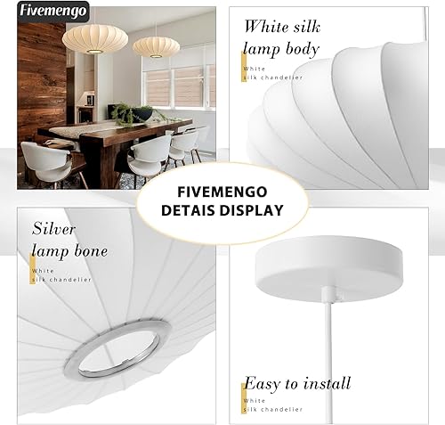 Miniatura 9 de Lámpara colgante grande de 23.6 pulgadas, pantalla de seda sintética blanca, lámpara colgante de burbujas, lámpara colgante simple para sala de