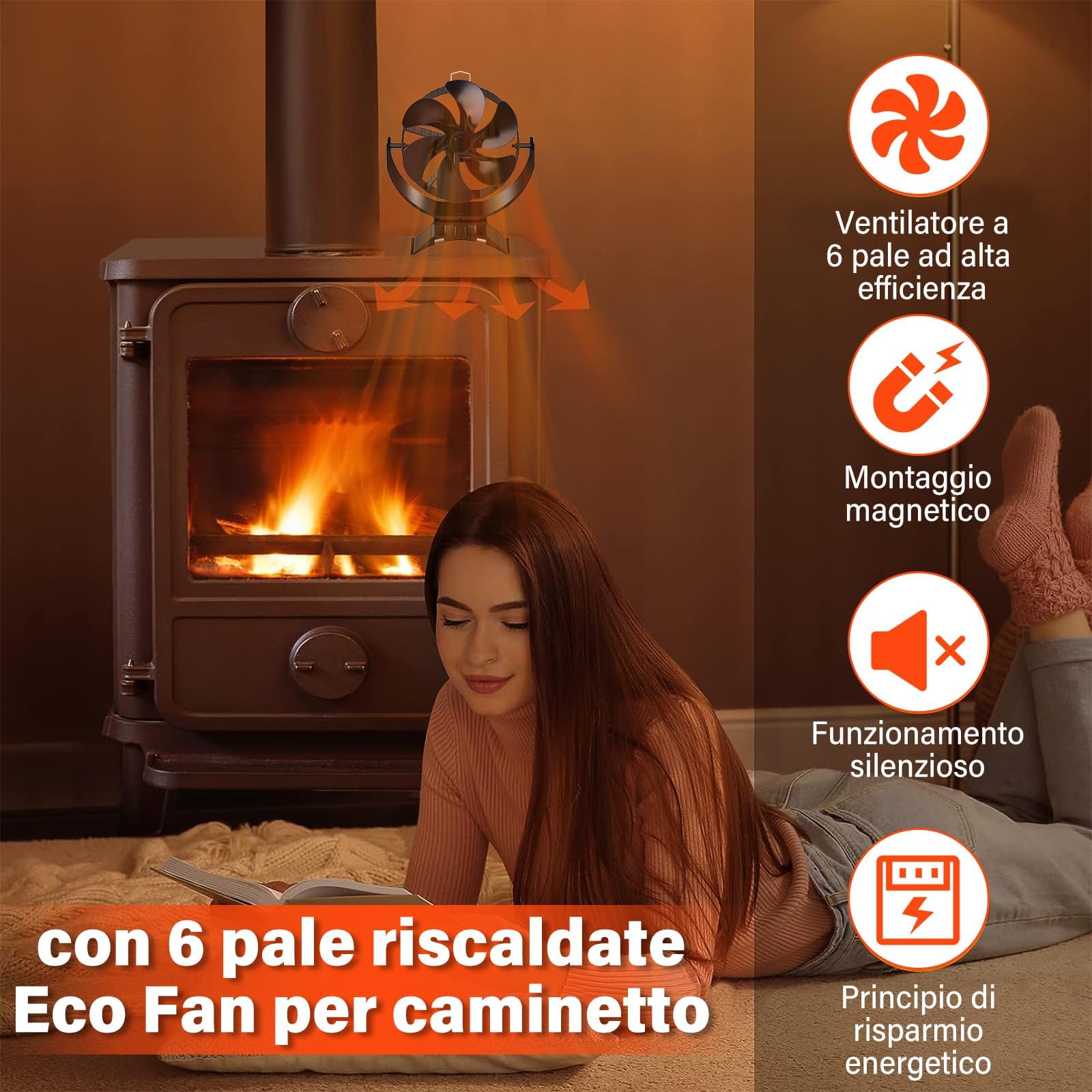 Ventilatore per Stufa a Legna con 6 Pale e Termometro - Ecologico, Silenzioso, Senza Elettricità, Alimentato a Calore - Per Camino, Gas, Pellet