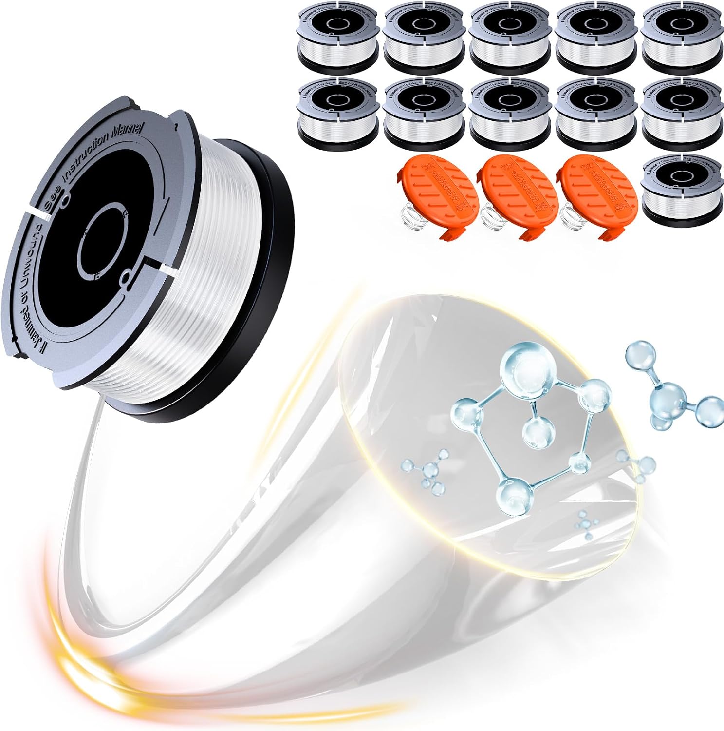 Weed Eater String Compatible with Black+Decker, AF-100 0.065" Weed Wacker String Refill 360ft Automatic Feed String Trimmer Replacement Line Spool for Black&Decker (12Spools + 3Caps+3Springs)