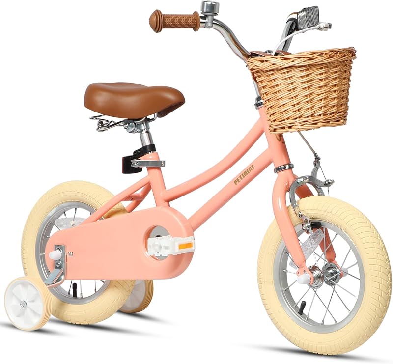 Bicicleta para niños de 12, 14, 16, 18 y 20 pulgadas para niños y niñas | Cesta y campana de mimbre, estructura de acero de alta resistencia, ruedas de entrenamiento (12 a 18 pulgadas), bicicleta retro para montar al aire libre