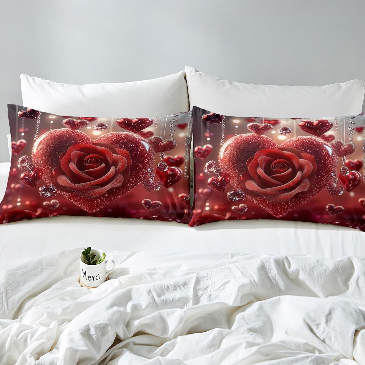 Manfei Red Rose Duvet Cover Set Toddler Size, Romantic Hearts Print Bedding Set 2pcs, Valentine's Day Comforter Cover, Girls Lovers Room Decor, Soft Polyester Quilt Cover, 1 Pillowcase, No Comforter