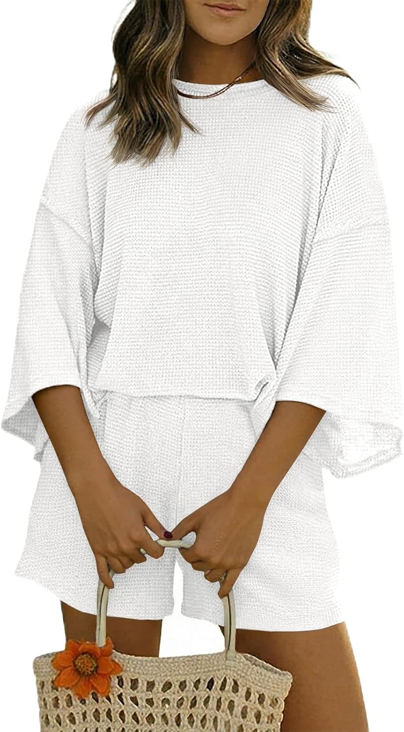 Tankaneo Womens Short Sets 2 Piece Outfits 3/4 Sleeve Tops and Elastic Waist Shorts Lounge Set Casual Loungewear