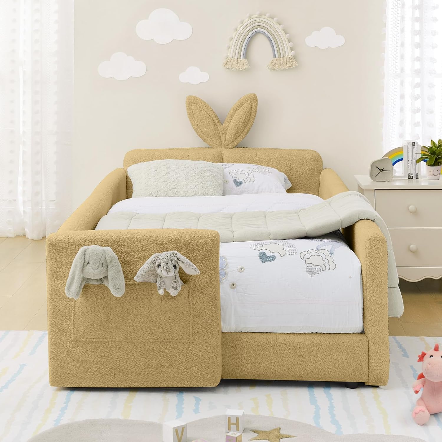 Twin Size Kids Bed with Rabbit Ear Headboard, Upholstered Boucle Fabric Twin Daybed with Slats Support & Side Pockets, Space-Saving Wooden Corner Sofa Couch Bed Frame for Girls, Boys, Teenager(Yellow)