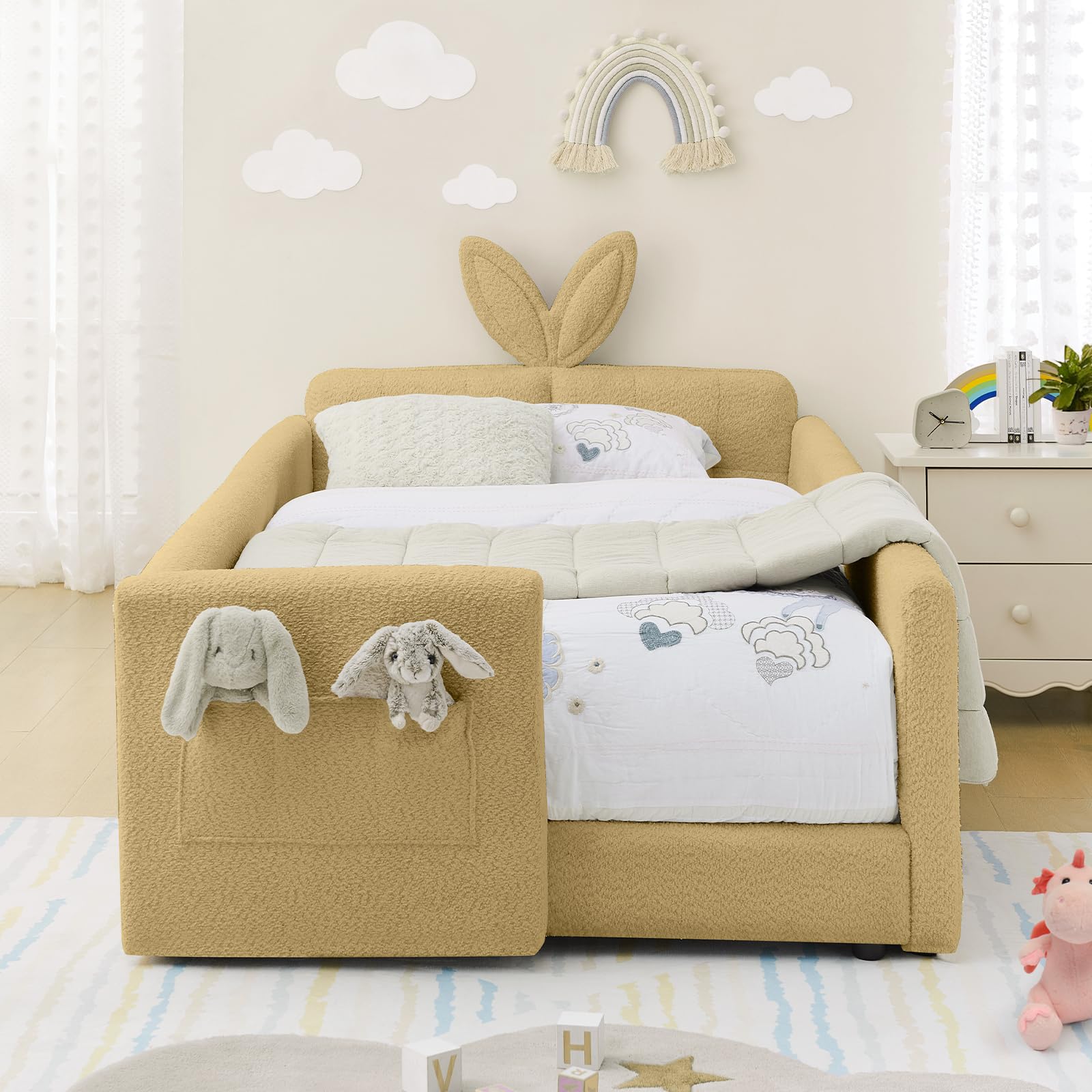 Twin Size Kids Bed with Rabbit Ear Headboard, Upholstered Boucle Fabric Twin Daybed with Slats Support &amp; Side Pockets, Space-Saving Wooden Corner Sofa Couch Bed Frame for Girls, Boys, Teenager(Yellow)