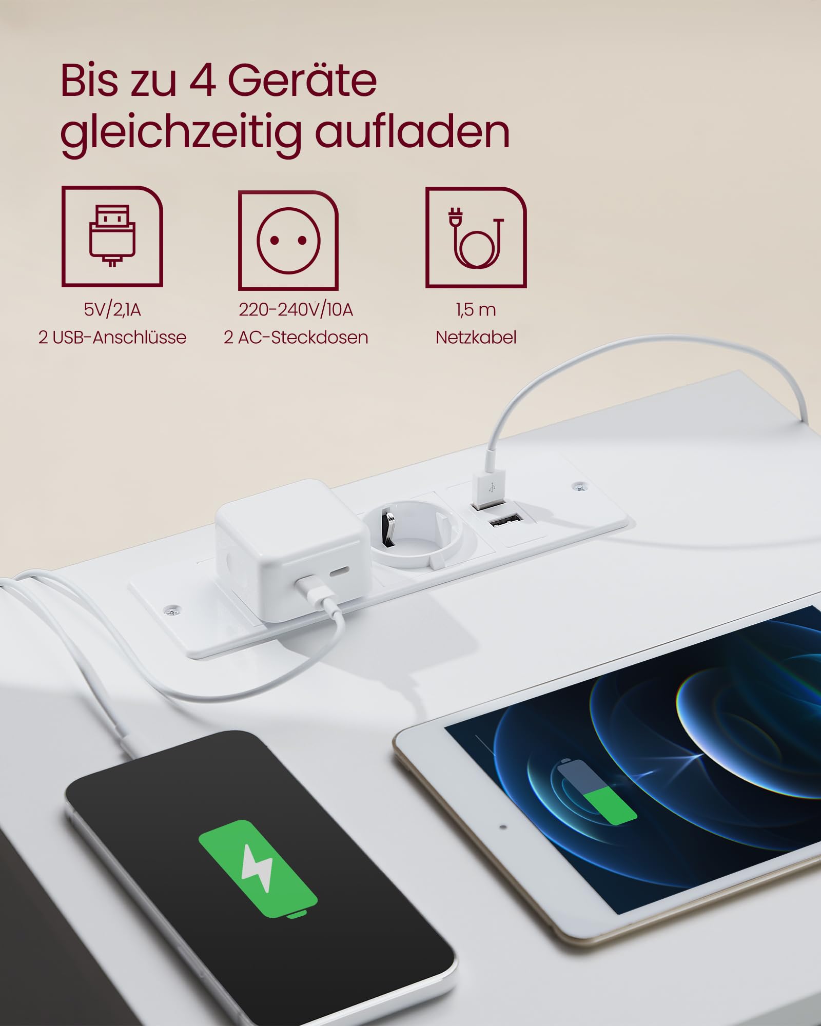 VASAGLE Kailyn Kollektion - Nachttisch mit Steckdosenleiste, 2er Set, Beistelltisch, 3 Schubladen, 2 AC-Steckdosen, 2 USB-A-Anschlüsse, modern, wolkenweiß LET831W14