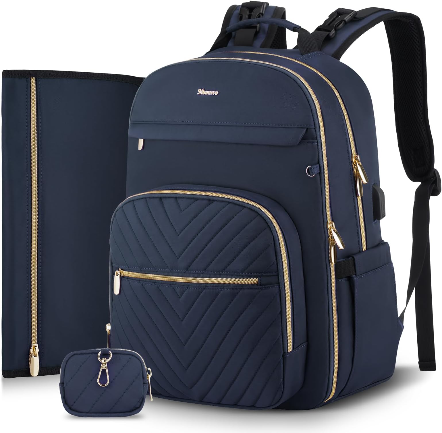 MOMUVO Diaper Bag Backpack, Quilted Baby Bag with Changing Pad and Stroller Straps