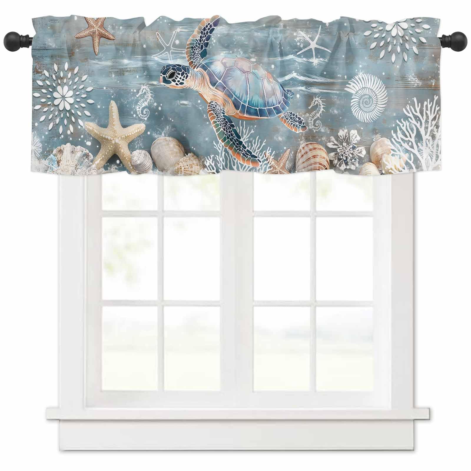 WEEKA CLSNE Sea Turtle Coastal Valances for Windows Living Room/Bedroom, Teal Coral Nautical Short Curtains for Kitchen/Bathroom, Farmhouse Starfish