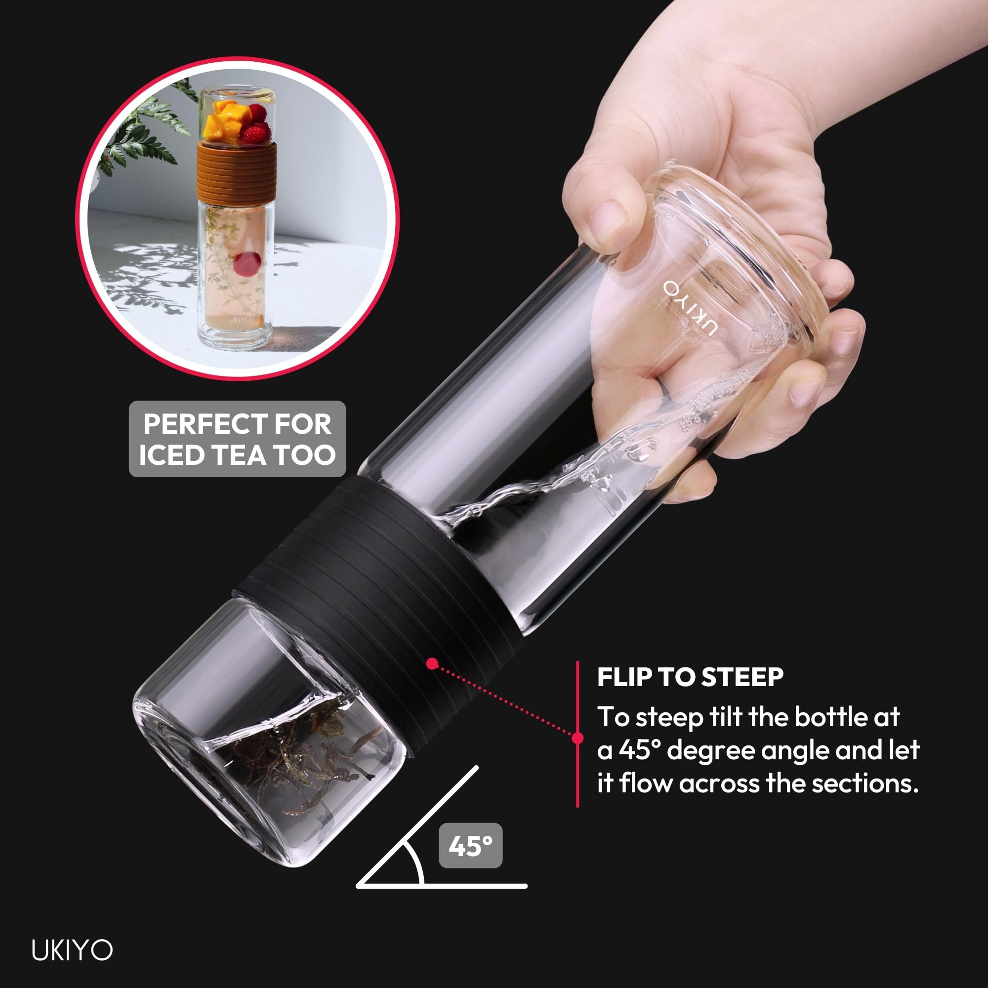 Ukiyo Sense Botella infusora de té y frutas de vidrio de doble pared, vaso de viaje con filtro de acero inoxidable y funda de neopreno