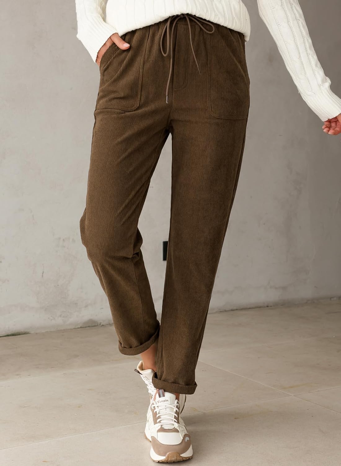 EVALESS Corduroy Pants for Women Casual Drawstring Elastic High Waist Straight Leg Pants Loose Comfy Trousers with Pockets - Image 6