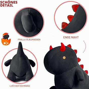 shownicer Plush Toy Dinosaur Cuddly Toy Kawaii Dino Plush Cushion Toy Plush Dinosaur Throw Cushion Cuddly Toy Gift for Children Girls 12+ Years (Black 45 cm)