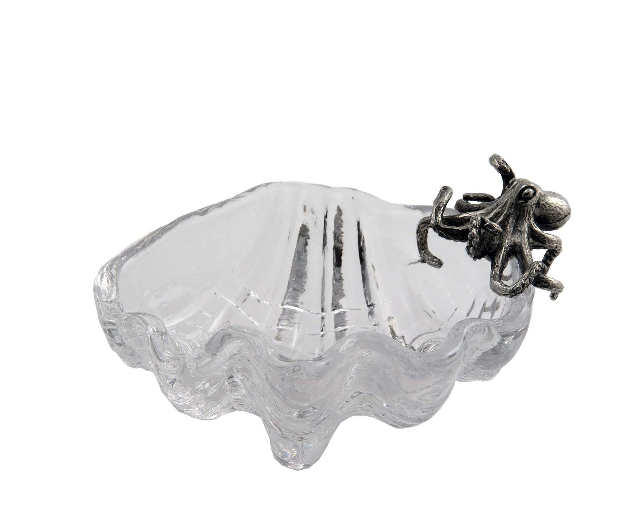 Vagabond House Pewter Octopus on Glass Clam Shell Bowl 2.25 inch Tall