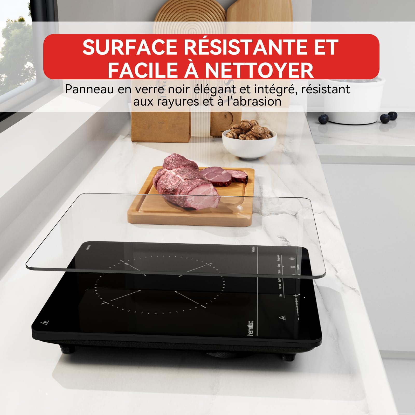 Hermitlux Plaque à Induction 1 Feu Portable 2100W 6 Programme 28CM Sécurité | 9 Puissances,Minuterie & Maintien au Chaud, Taille Compacte pour Cuisine, Bureau