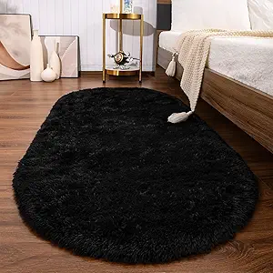 Softlife Fluffy Rugs for Bedroom, Shag Cute Area Rug for Girls and Kids Baby Room Home Decor, 2.6 x 5.3 Feet Oval Indoor Carpet for Nursery Dorm Living Room, Black