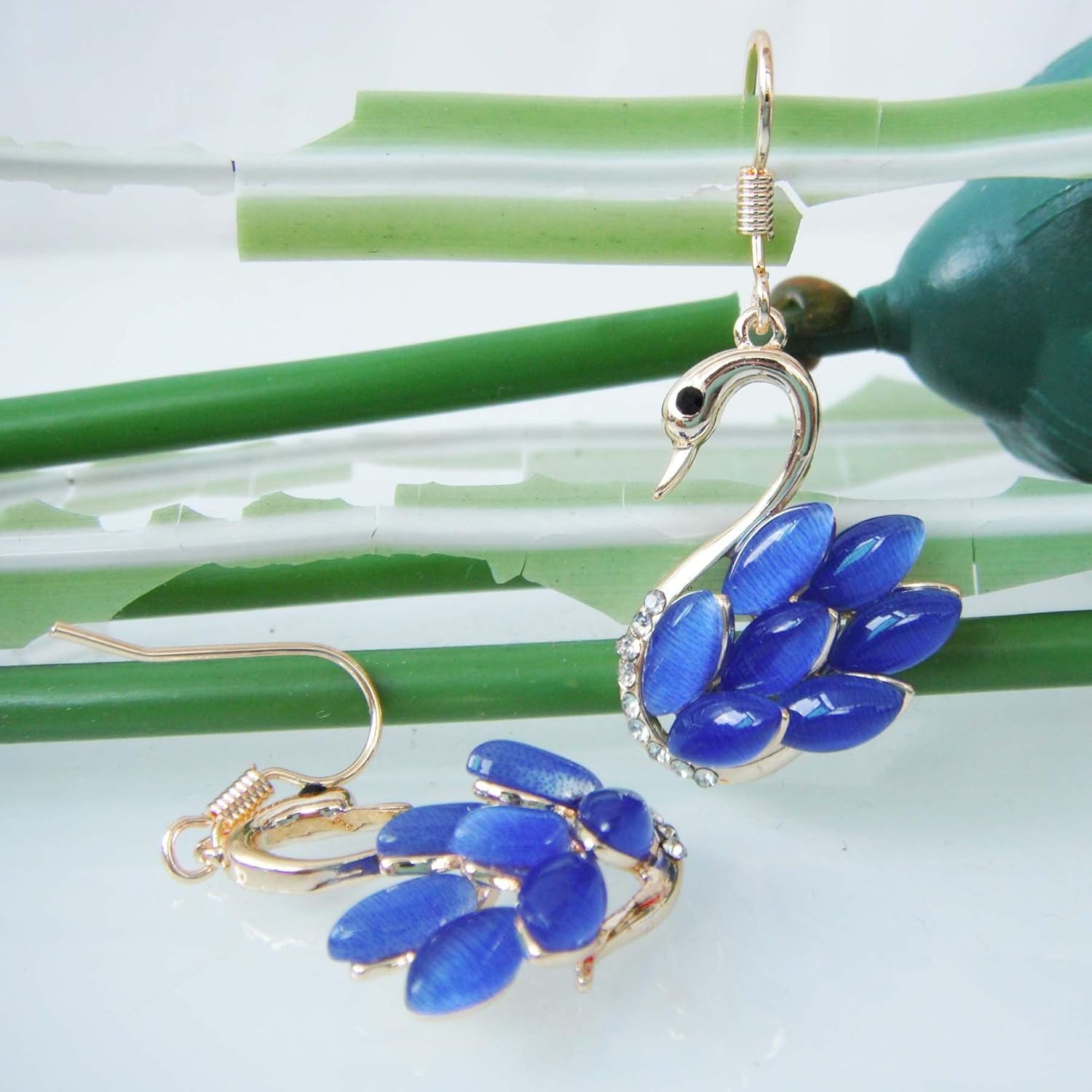 Navachi 18k Yellow Gold Plated Swan Bird Multicolor Created-Opal Crystal Dangle Drop Earrings - Image 4