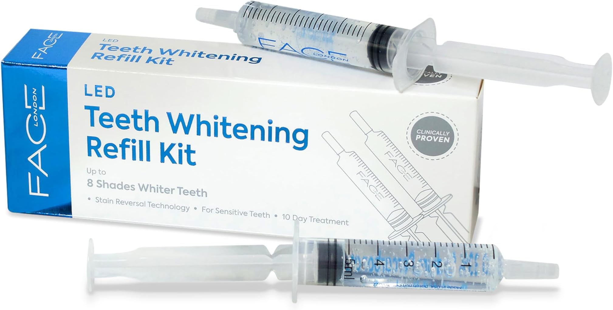 Face LondonTeeth Whitening Refill Kit 2X 5ml Gel Syringes with Up to 8 Shades & Zero Sensitivity Teeth Whitener Refill for Stain Removal | Teeth Whitening Gel | Teeth Stain Remover