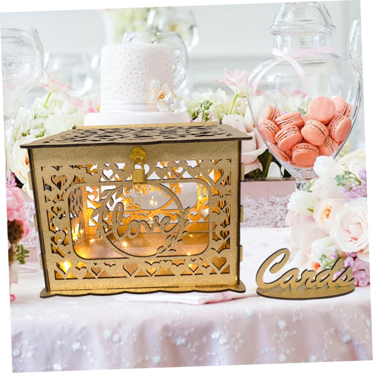 Wooden Hollow Glitter Card Box with Envelope Slot Anniversary and Wedding Blessing Card Container for Birthday Party Reception Decor