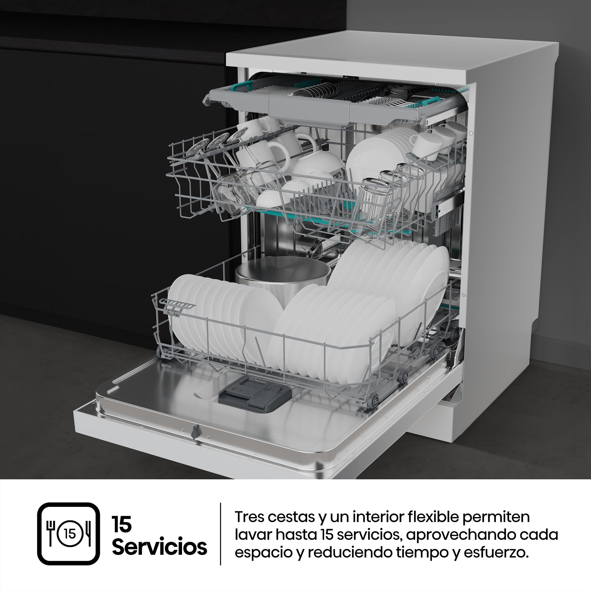 Hisense HS643B90W - Lavavajillas Clase B, 15 Servicios, Fondo 60cm, Secado Extra, Programa Automático, Tercera Bandeja, Programa Corto 1 hora, 15 Servicios, Aqua Protect System, Control Táctil, Blanco
