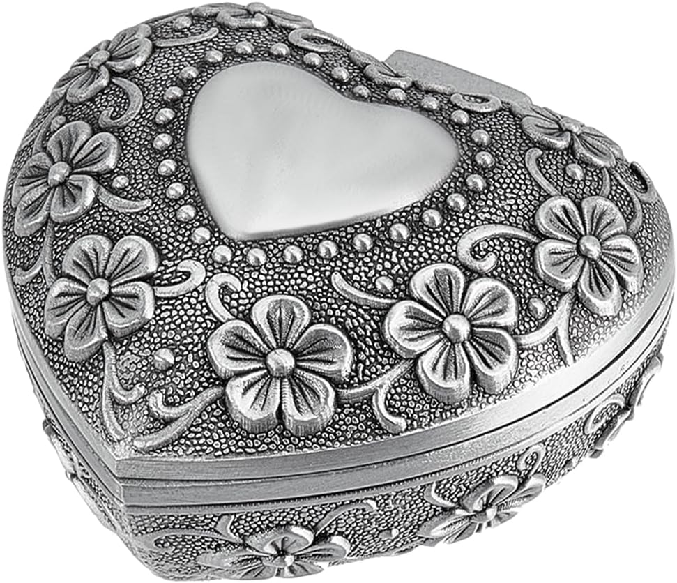 SUNNYCLUE Vintage Jewellery Box in Heart Shape Small Metal Jewellery Box Antique Silver with Flower Carving Gift Packaging for Women Rings Earrings Necklaces Jewellery Keepsake Storage