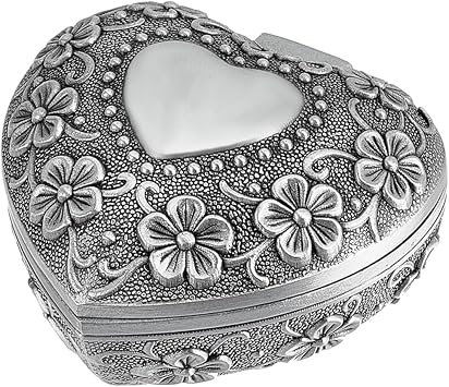 SUNNYCLUE Vintage Heart Shape Jewelry Box Small Metal Trinket Box Antique Silver Flower Carved Wrapping Gift Box for Women Ring Earrings Necklace Trinket Keepsake Storage Organizer Treasure Chest
