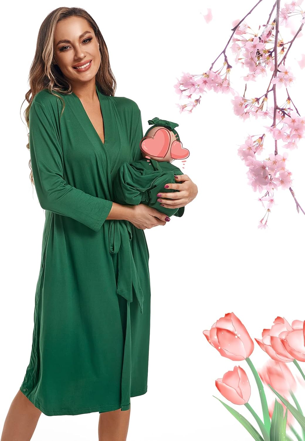 QTECLOR Maternity Robe with Matching Swaddle Blanket Set,Maternity Barhrobe Delivery Labor Robe for Hospital Women Dress - Image 2