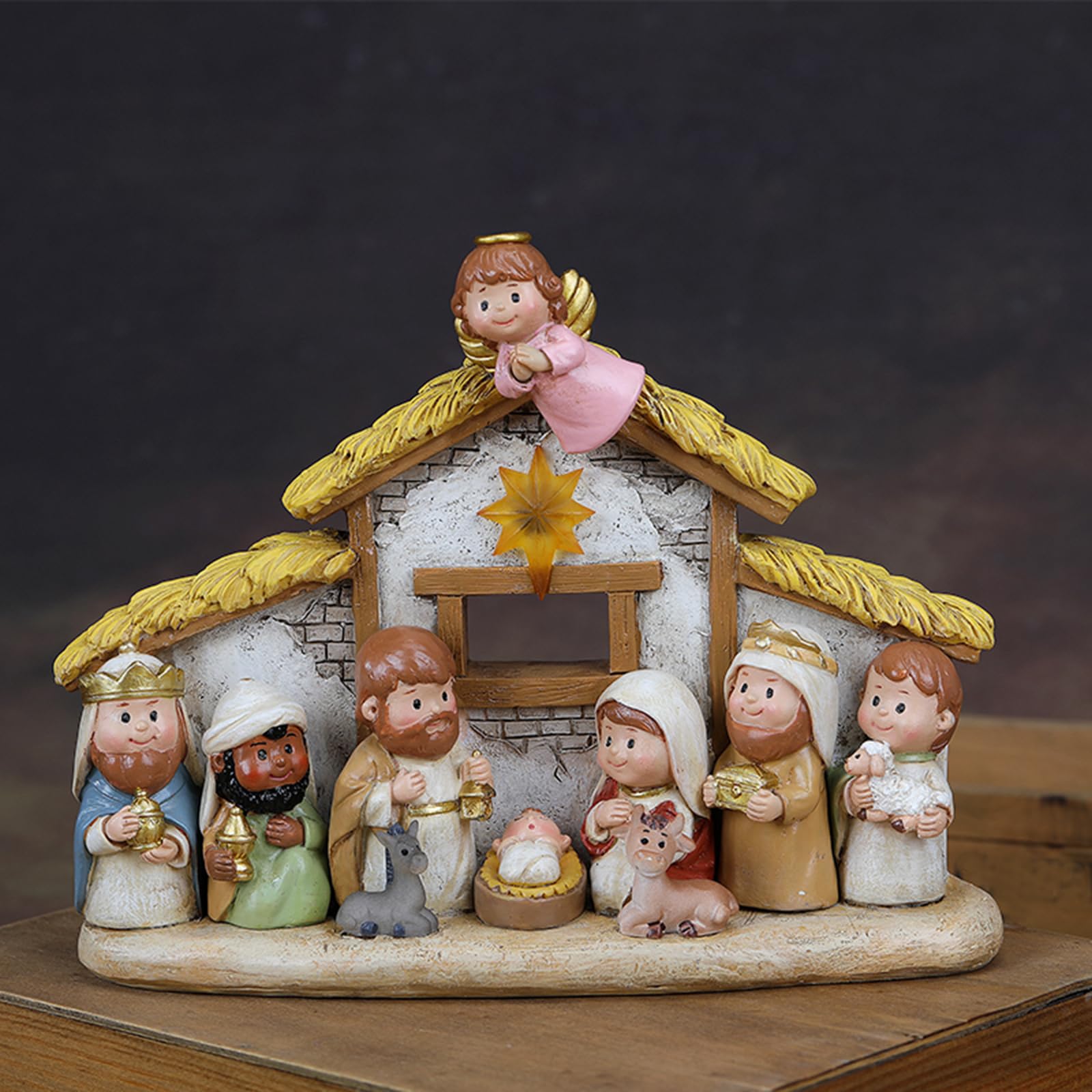 Fenteer Ensemble de Crèche de Noël en Résine Religieuse Miniature, Crèche de Noël, Polyrésine, Ornement de Dessin Animé avec Lumière, Décoration de Noël