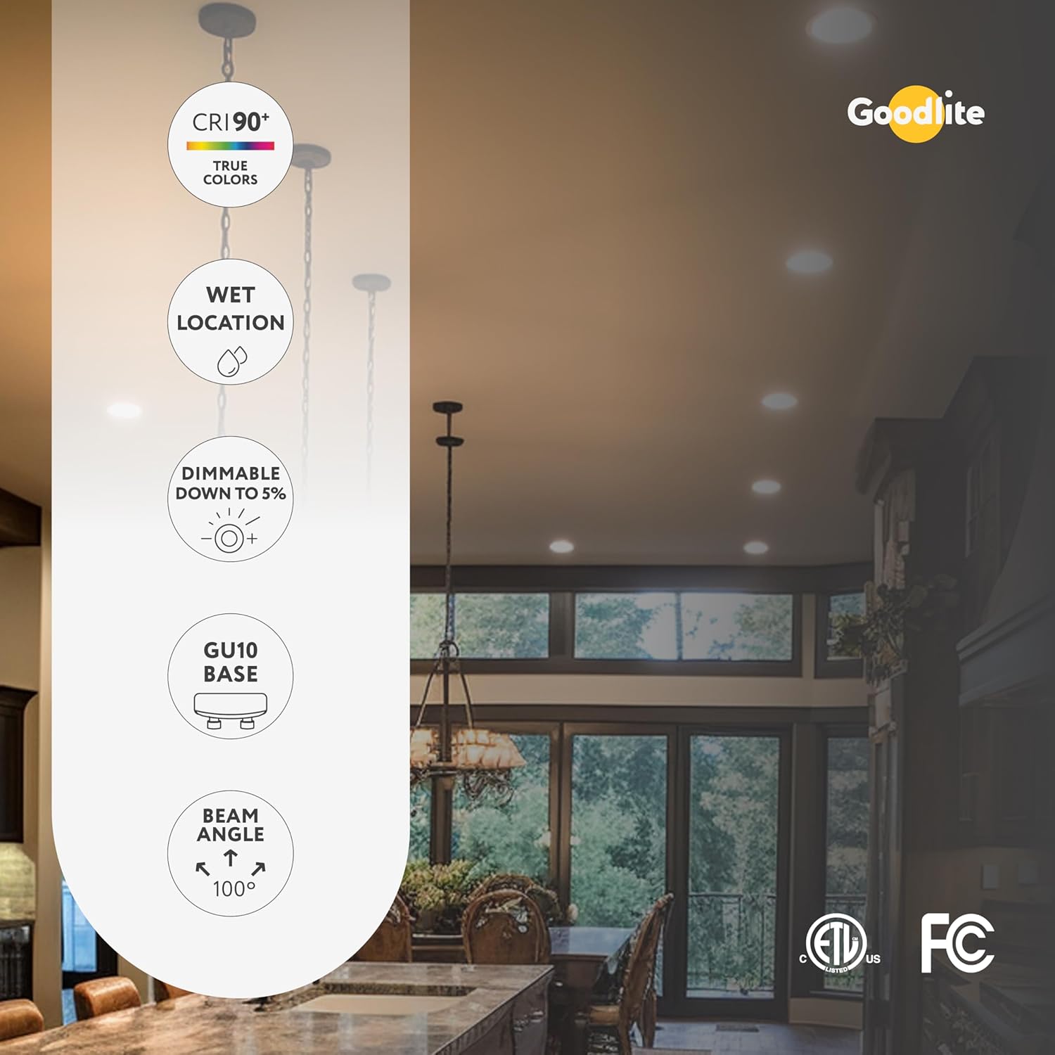 Goodlite 3" LED Round Retrofit Downlight, Fits 3", 3.5" or 3.7" Cans, GU10 Adapter, 9W, 700 Lumens, 65W Eqv, CRI 90, Dimmable, 2700K-3000K-3500K-4100K-5000K Selectable, UL & Wet Rated, 1ct. (G-48330)