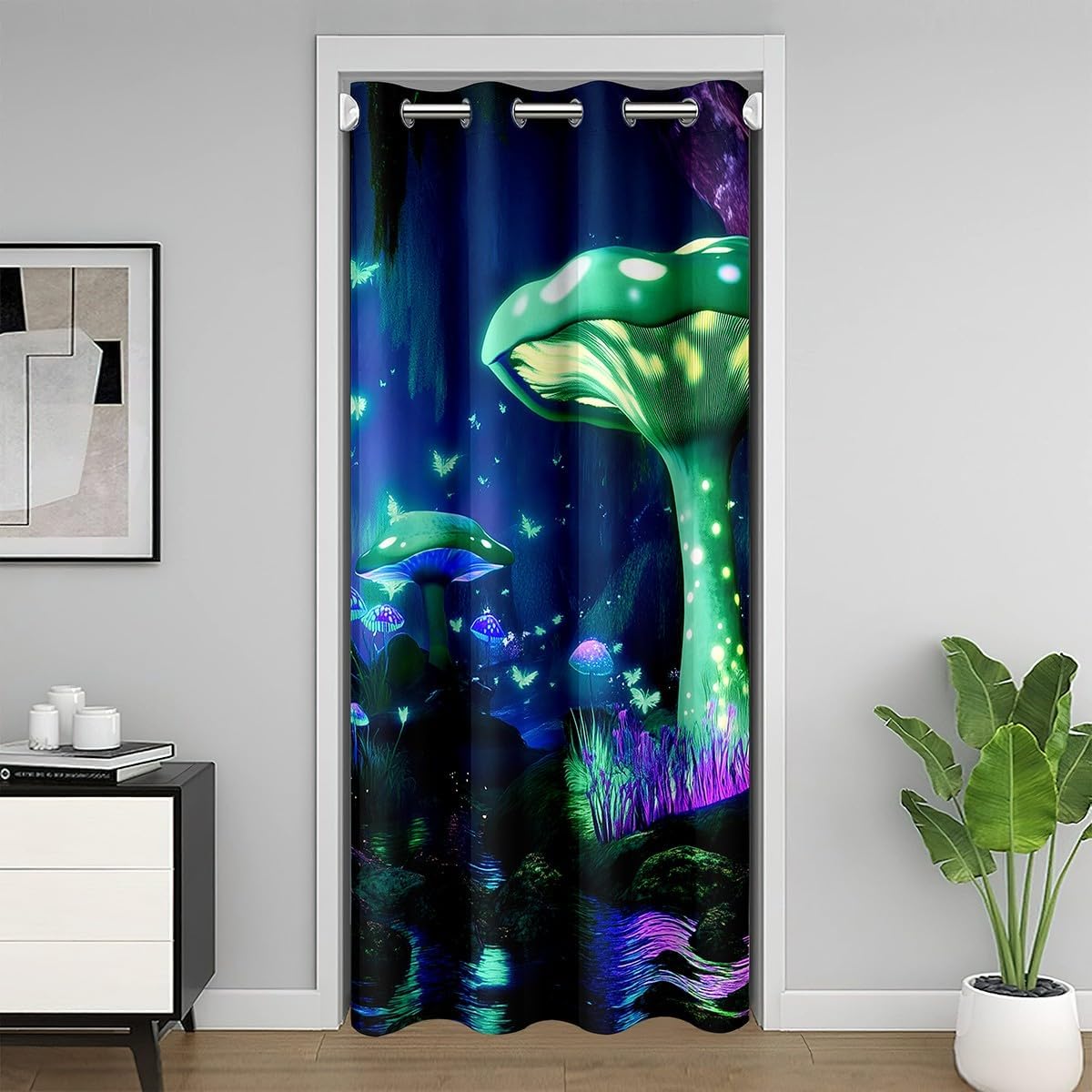 jejeloiu Mushroom Galaxy Starry Sky Blackout Curtain - Green Purple Mushroom Closet Door Cover - Trippy Fantasy Doorway Privacy - 34x80 Inch 1 Panel