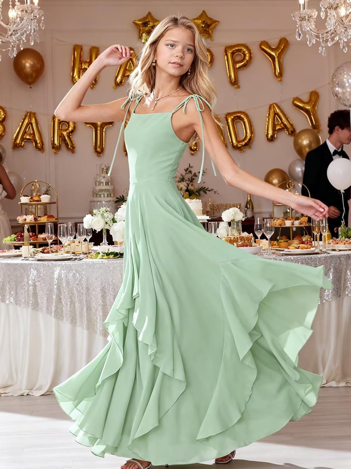 Chiffon Junior Bridesmaid Dress for Wedding Tiered A-Line Spaghetti Strap Ruffles Long Square Neck Flower Girl Dress - Image 3