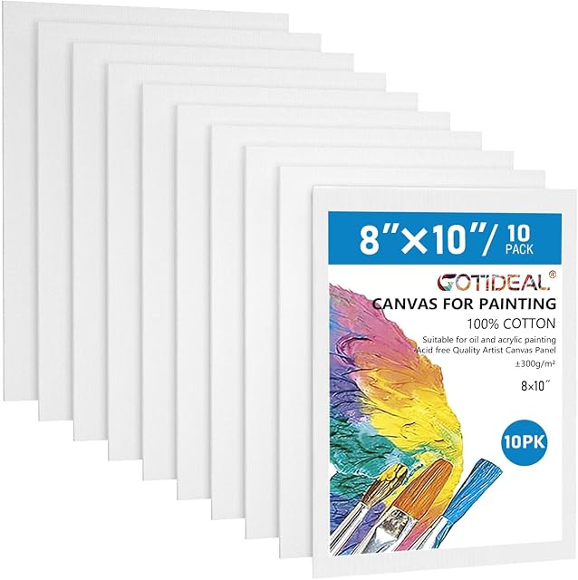 GOTIDEAL Canvas Planches de 8x10" de pouce 10, Gesso Primed toiles blanches vierges pour la peinture - 100% Cotton Art fournitures Panneau de toile pour acrylique, huile, Gouache, aquarelle, Tempera