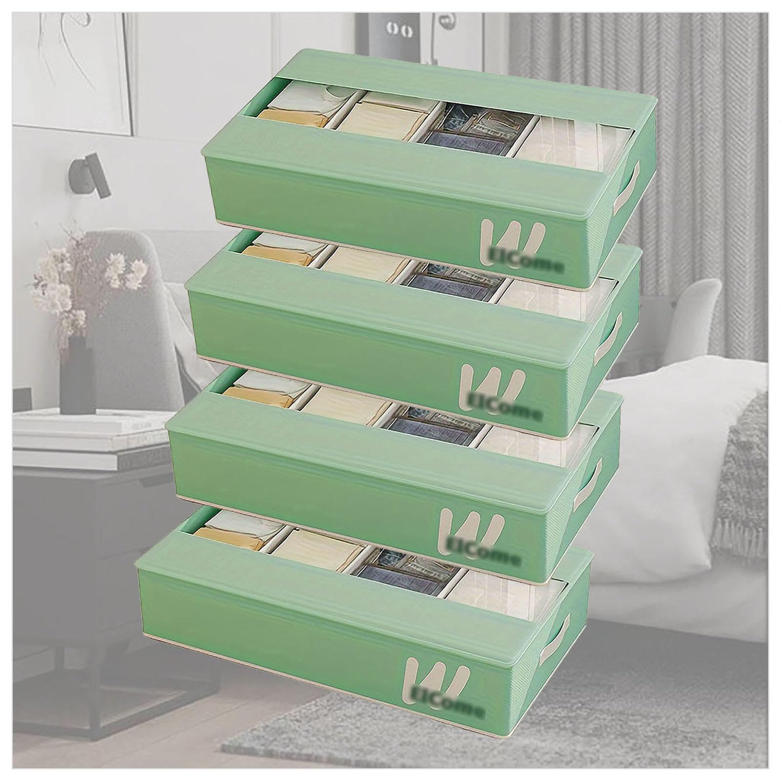 Unterbett Aufbewahrungsbox Faltbar mit 5 Verstellbaren Trennwänden , Bettkasten Aufbewahrung mit transparenter Deckel , Unterbettkommoden Unterbett-Organizer Für Kinder Und Erwachsene ,Green-4Pcs