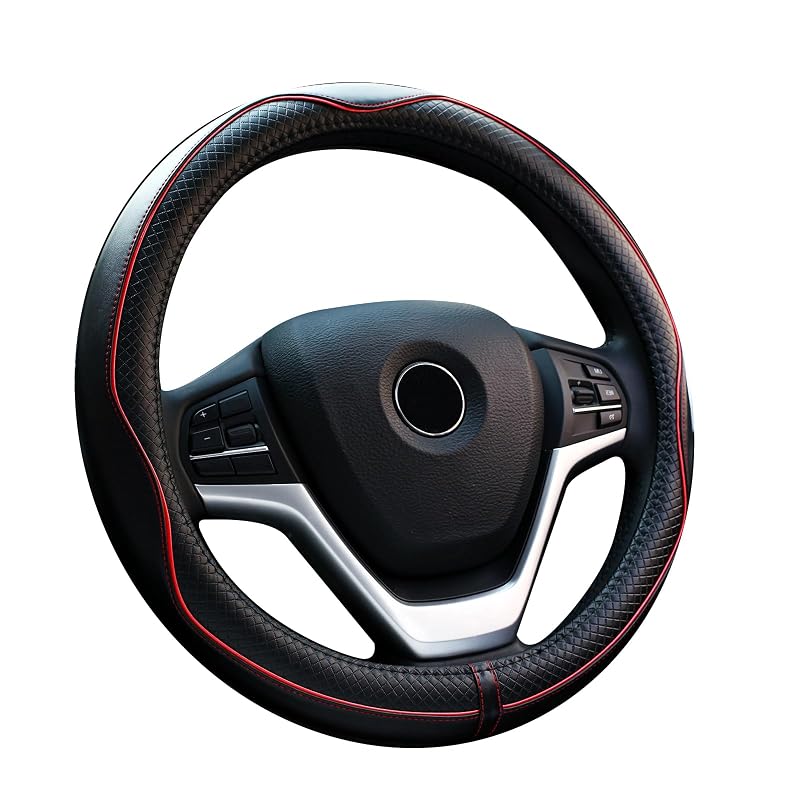 Capa para volante Valleycomfy em couro genuíno preta com linhas vermelhas, tamanho M para volantes de 36,8 a 38,7 cm