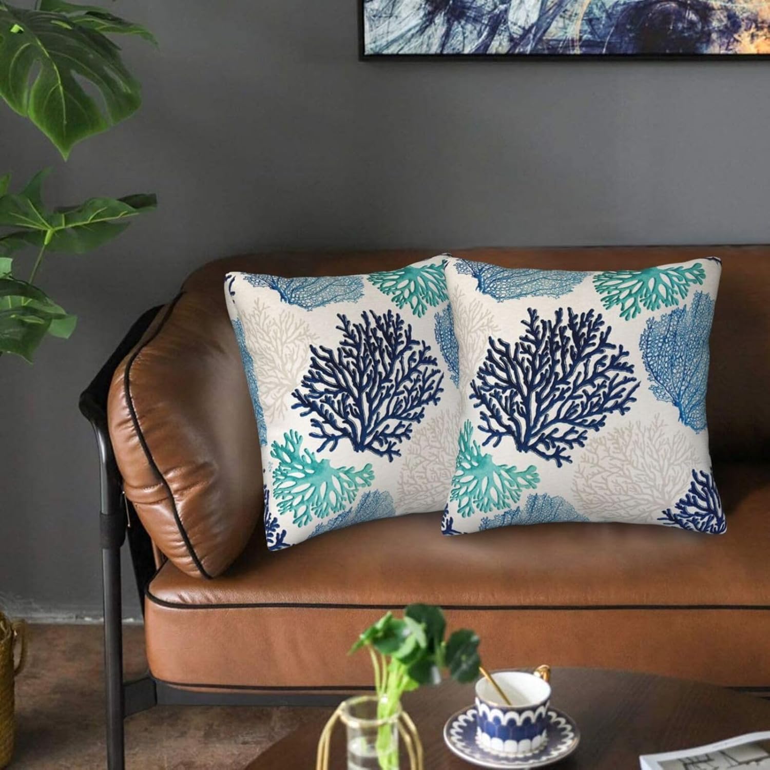 Coastal Beach Coral Throw Pillow Covers 18x18 in Set of 2, Decor Decorative Blue Ocean Pillow Case Square Cushion Covers for Sofa Bed Couch Living Room - Image 5