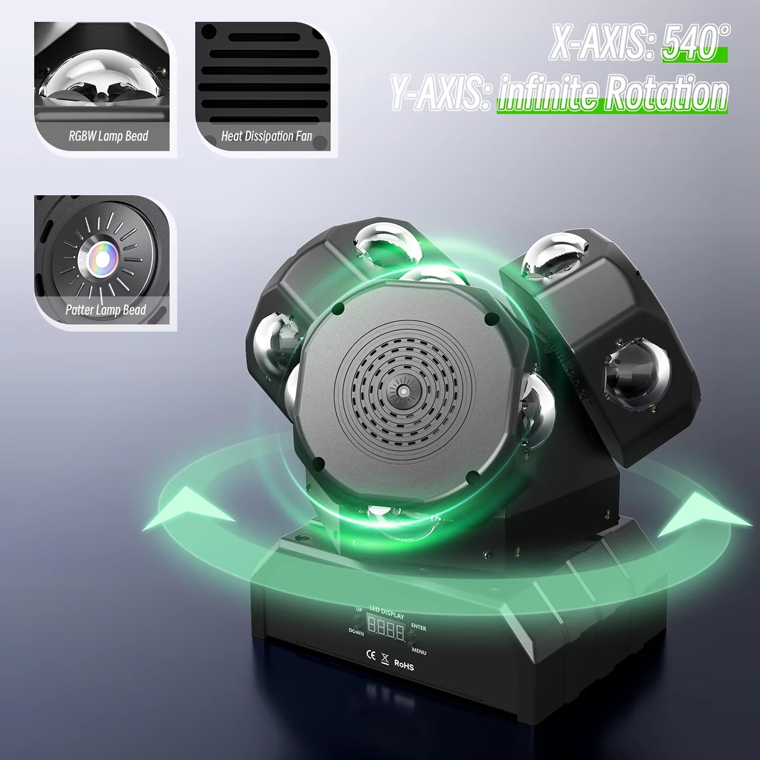 Ruchoma Głowica DJ-ska, 4 Obrotowe Głowice 16x10W RGBW/LED, Oświetlenie Sceniczne, Płynne Ściemnianie 0%-99,9%, Aktywacja Dźwiękiem I Sterowanie DMX 512 Na Imprezy, Dyskoteki Wesela