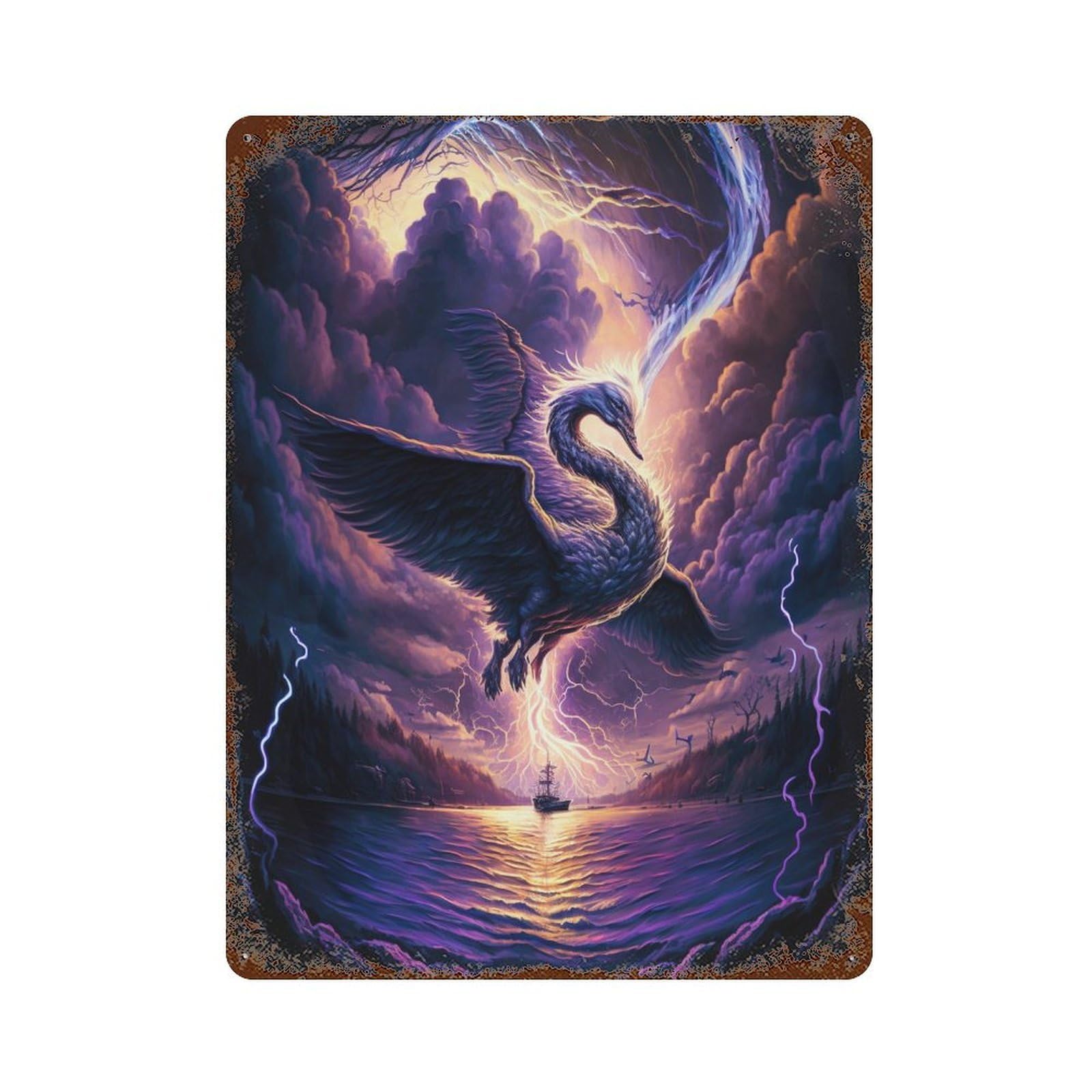 Fantasy Swan Storm Artwork Weathered Tin Sign 15.7"x11.8", Retro Wall Decor for Pub, Kitchen And Man Cave Decor