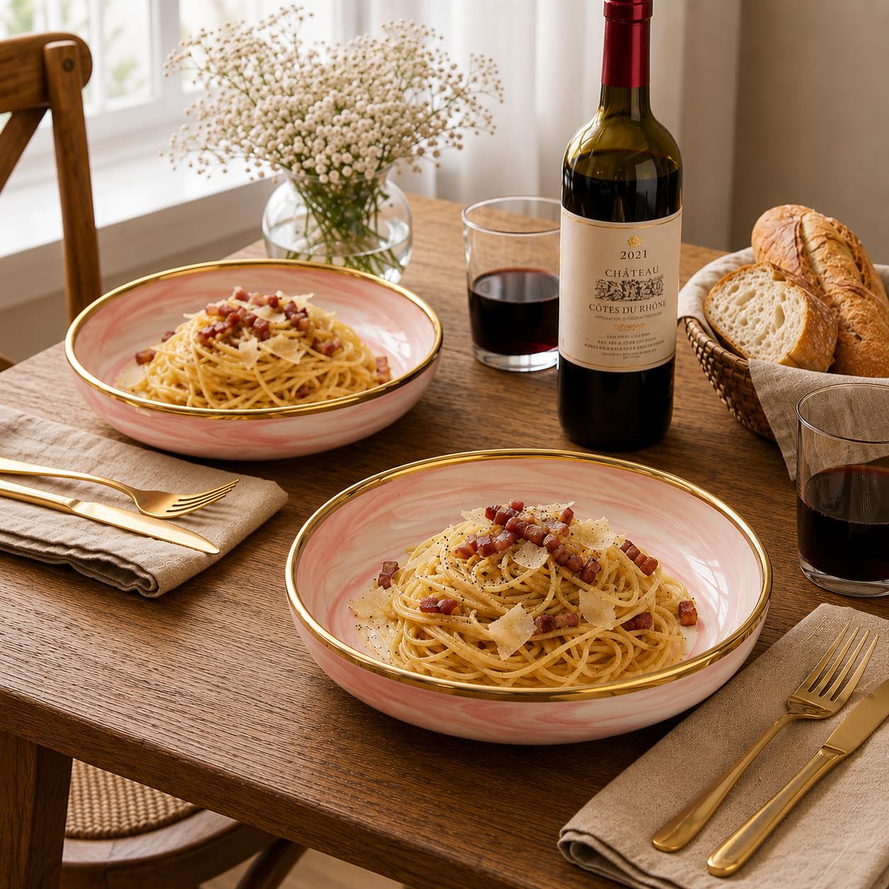 Beyond Homes Handcrafted Ceramic Bowl Set of 2, 650 ml Each | 20 cm Microwave & Dishwasher Safe Ceramic Serving Bowl | Deep Pasta Bowl for Noodles Ramen Soup Salad & Pasta | Glossy Pink Gold