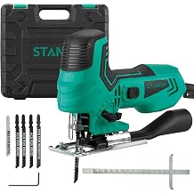 STANEW Electric Jigsaw Tool with Plastic Box, Power Jig Saws Cutting 1000-3000SPM, 6 Adjustable speeds, 4 Orbital Sets,  45 Bevel Cutting Cut Blades, 5PCS Sawblades for Wood, Metal, Plastic