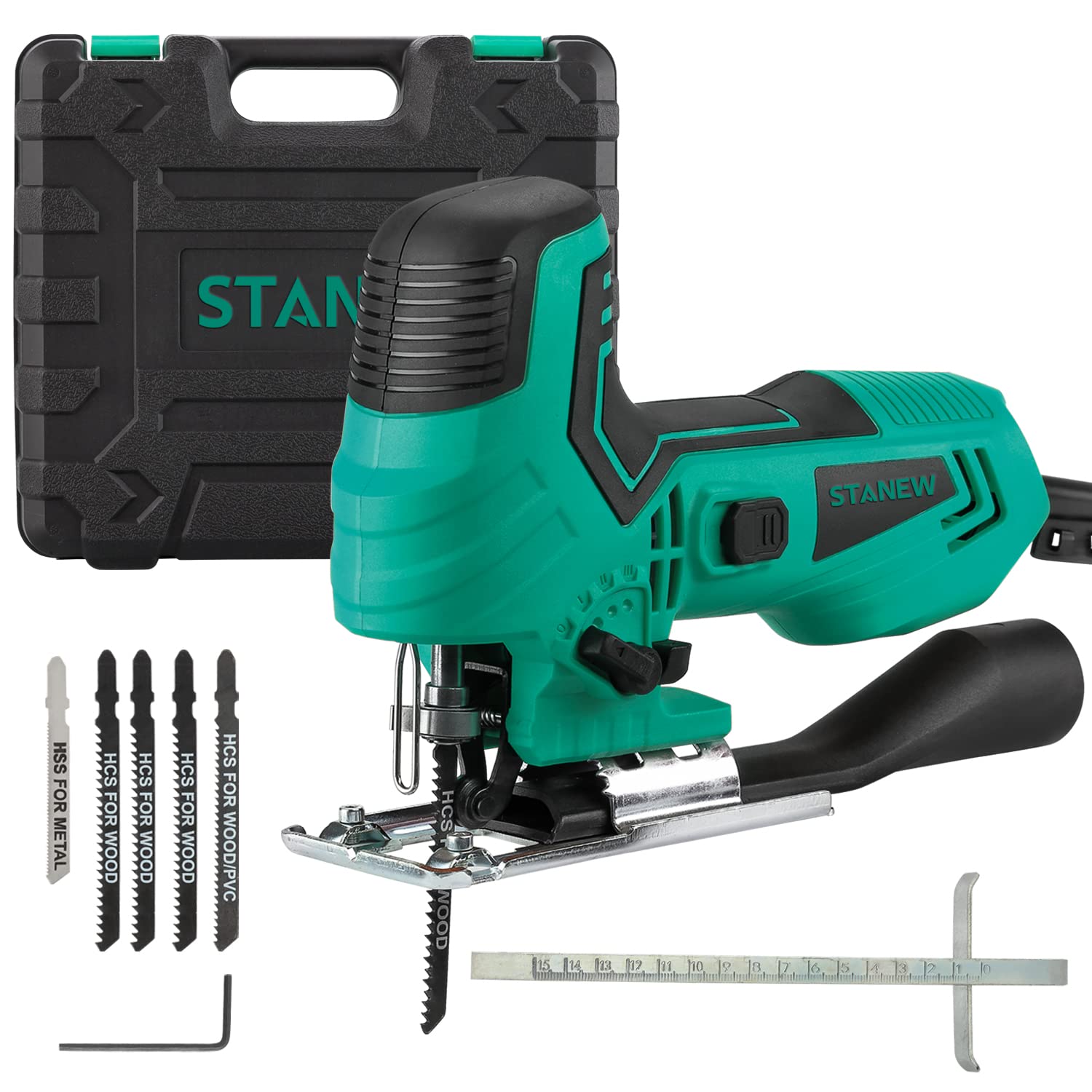 STANEW Seghetto Alternativo 650 W，oscillazioni al min. 1000-3000RPM，6 Velocità Regolabili, 5 lame, Angolo di Taglio da 45º, Profondità: Legno/Alluminio/Metallo: 65/6/6 mm
