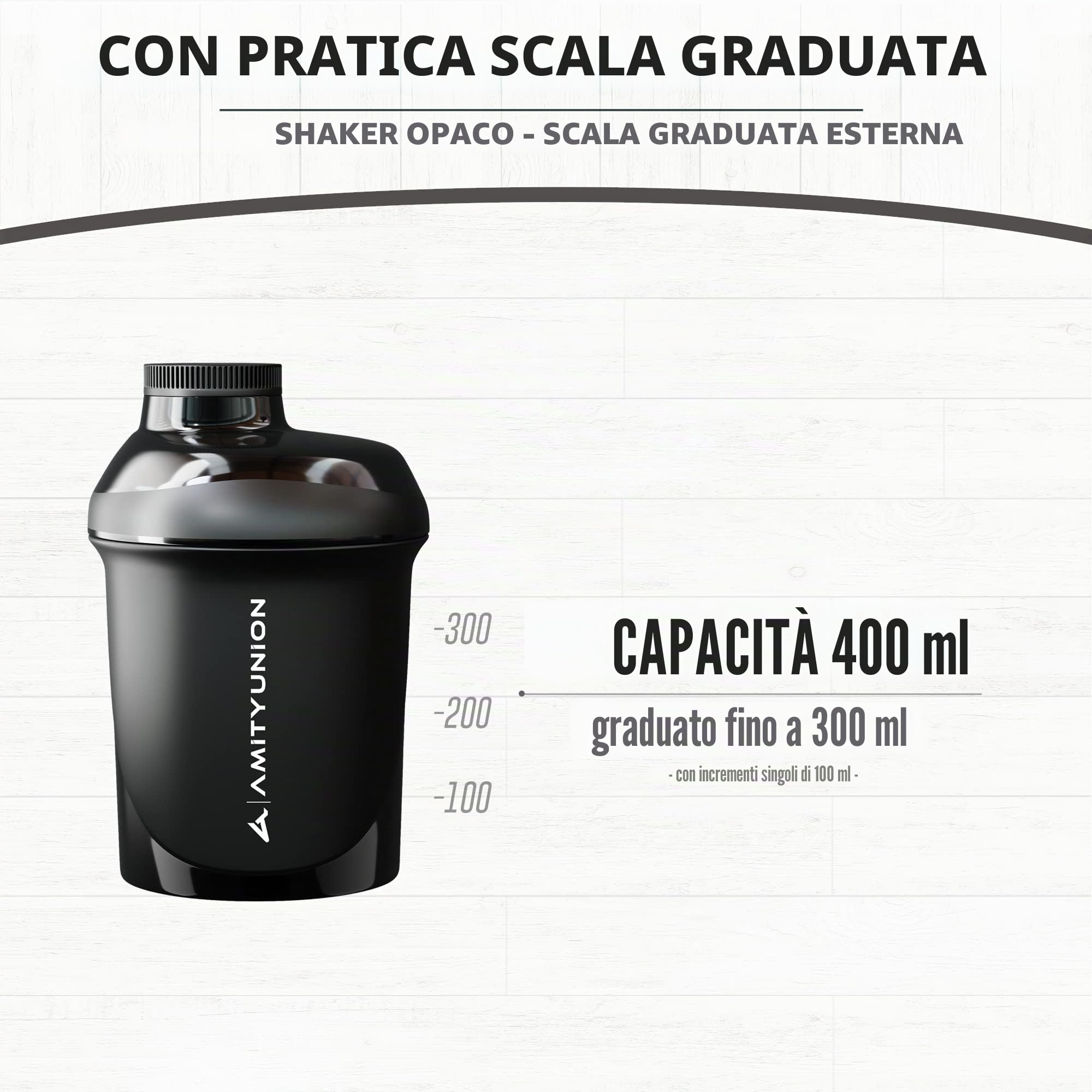 AMITYUNION Shaker proteico da 400 ml con colino per proteine – Piccolo shaker per proteine a prova di perdite, senza BPA, con scala per frullati di proteine del siero cremoso, concentrati di proteine