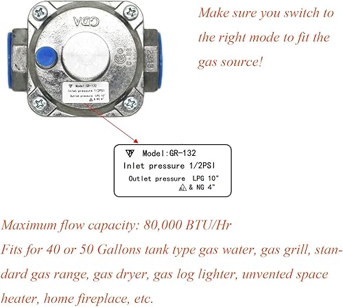 Miniatura 7 de Regulador convertible de presión LPG y NG con conexión de entrada y salida de rosca de 12"-14NPT, presión de entrada de 12 PSI y presión de salida