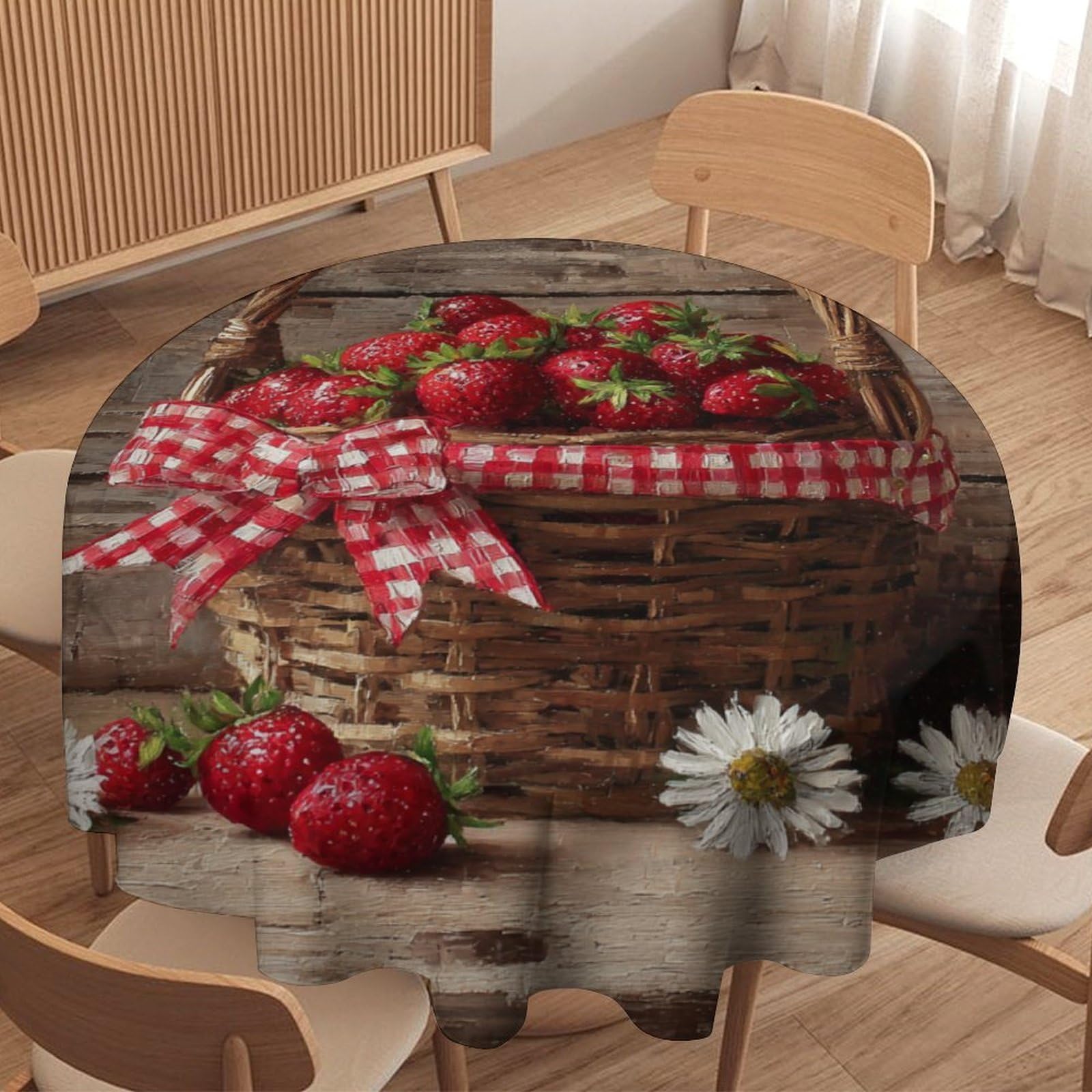 LUYYSKY Vintage Romantic Fruit Strawberry Round Tablecloth Modern Realistic Wooden Board Daisies Floral Strawberry Washable Decor for Table Cover for Kitchen-177.8" Wx177.8 L cm