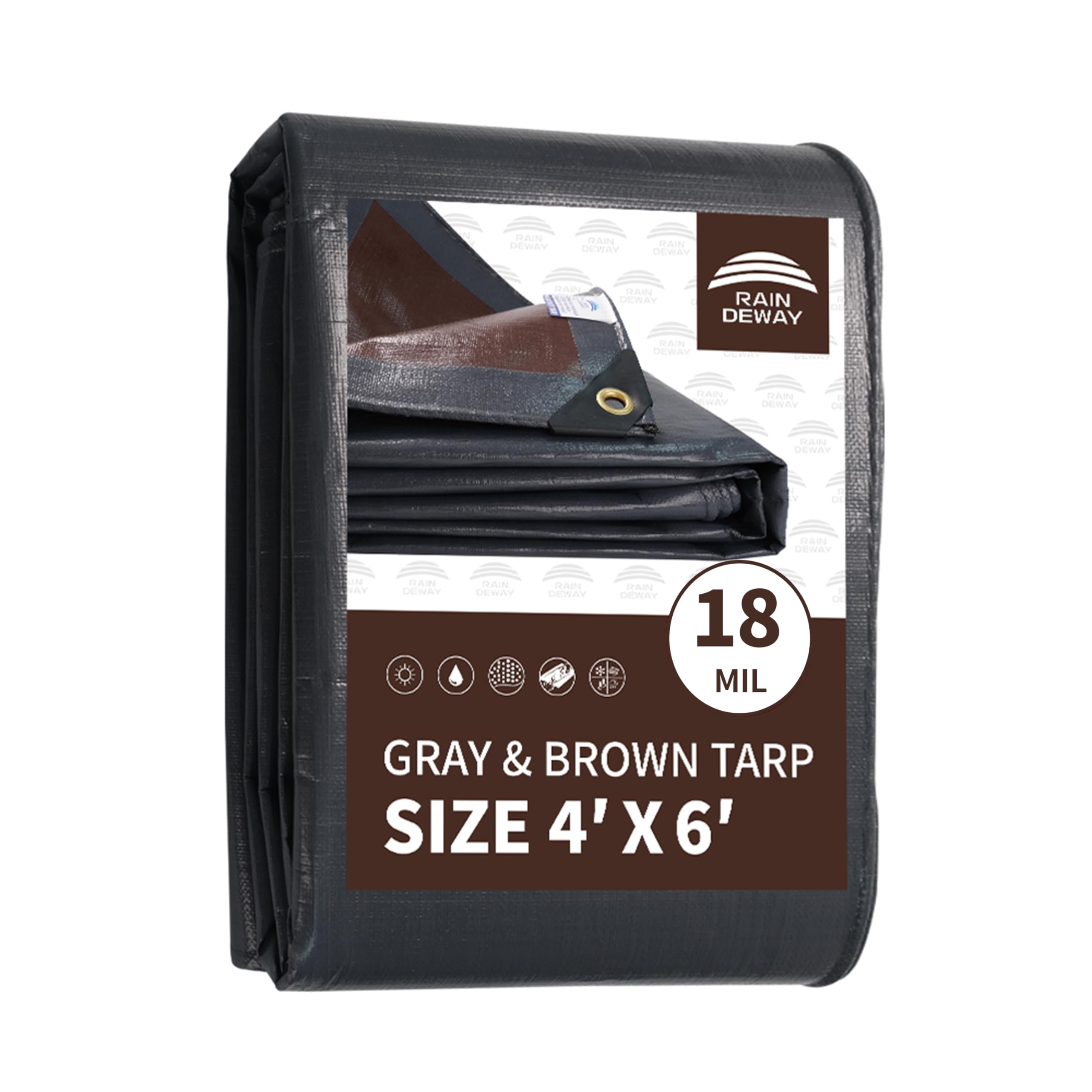 RAINDEWAY 4x6 Feet Super Heavy Duty Tarp 18 Mil, UV Resistant, Weatherproof, Multipurpose Waterproof Poly Tarp with Grommets and Reinforced Edges, Brown/Gray Tarps