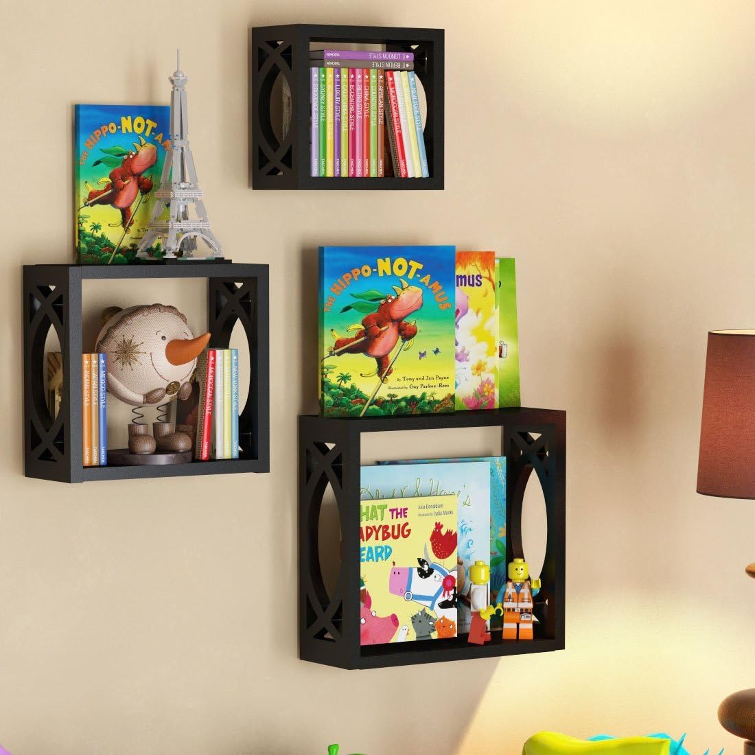 Children’s Square Cube Wall Shelves Set 3 Pcs - Display Kids Favorite Books, Photos, and More – Beautifully Carved Side Panels and Open Back Design (Black)